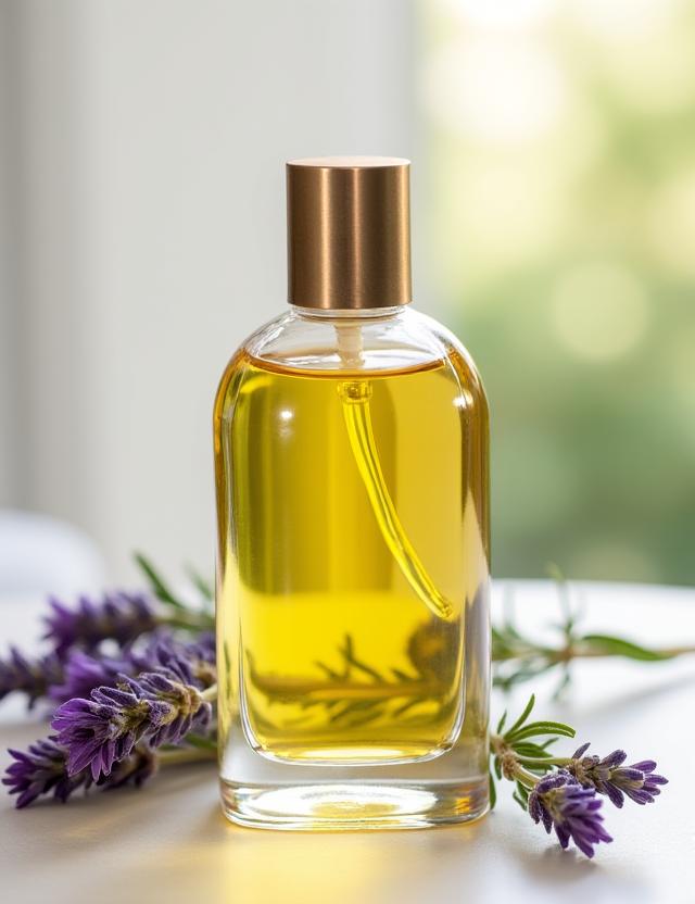 Botella de vidrio con aceite corporal de lavanda y romero.