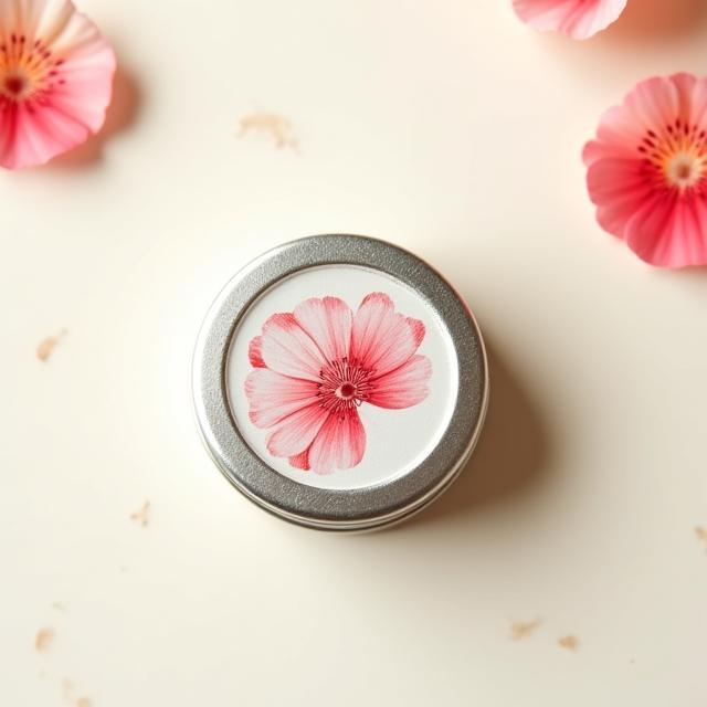 Bálsamo labial en lata metálica con un diseño floral.