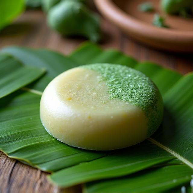 Champú sólido de ortiga y menta sobre una hoja de palma.