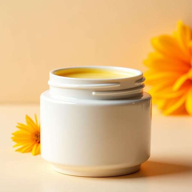 Tarro de cerámica con crema facial hidratante de caléndula.