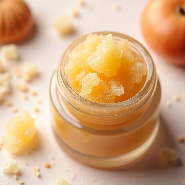Pequeño recipiente con exfoliante labial de azúcar y karité.