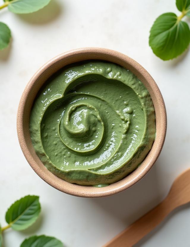 Cuenco de cerámica con mascarilla de arcilla verde preparada para aplicar.