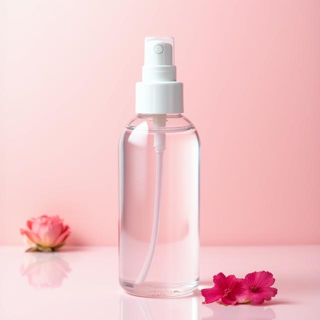 Botella con spray de tónico facial de agua de rosas.